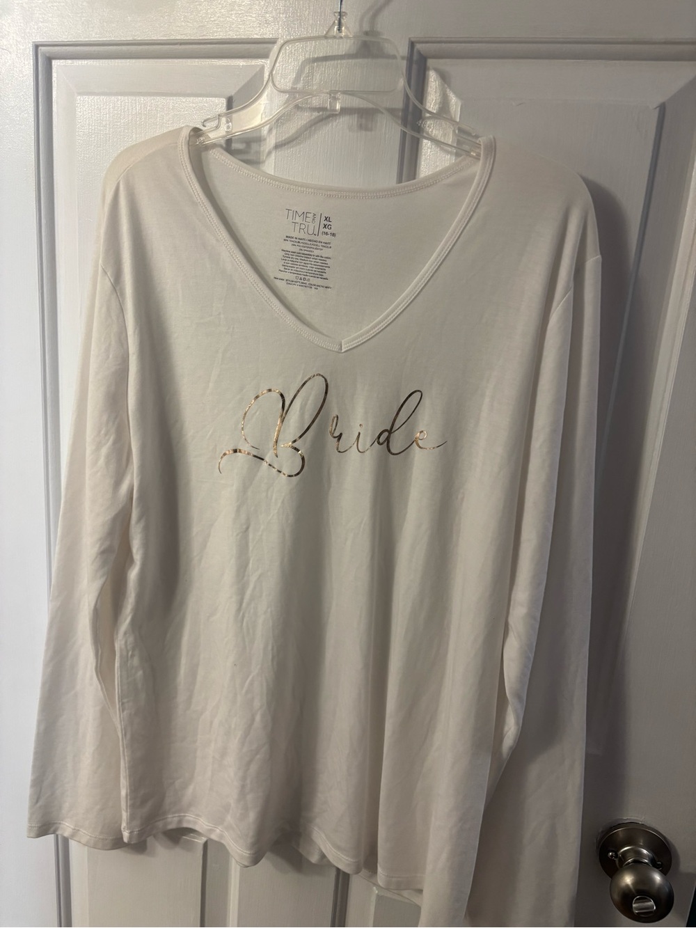 Nwt Time and Tru Women's Cream 'Bride' V-Neck Long Sleeve Top size xl